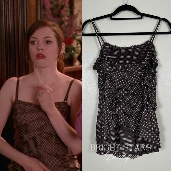 Rare Brown Polka Dot Silk Top Blouse ASO Paige Matthews Charmed Vintage Y2K - Picture 2 of 8